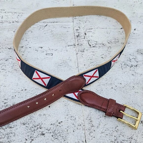 volunteer Other - Union Jack Volunteer Tradition Belt Brown Leather Blue Canvas Waistband Size 37